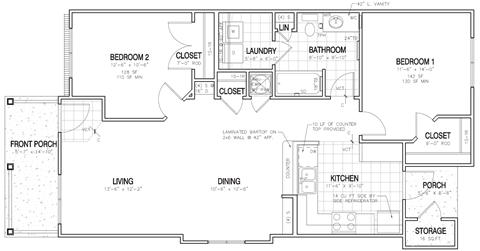 Floor plan for 2 beds, 1 bath, 974 sqft